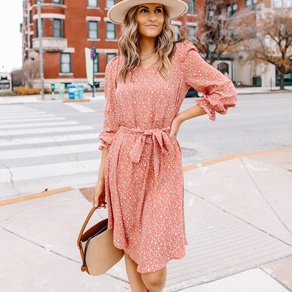 Polka Dot Prints Long Sleeve Tie Waist Dress