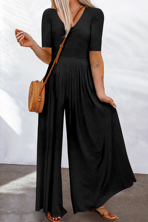 Plain Basic Short Sleeve Wide Leg Jumpsuit