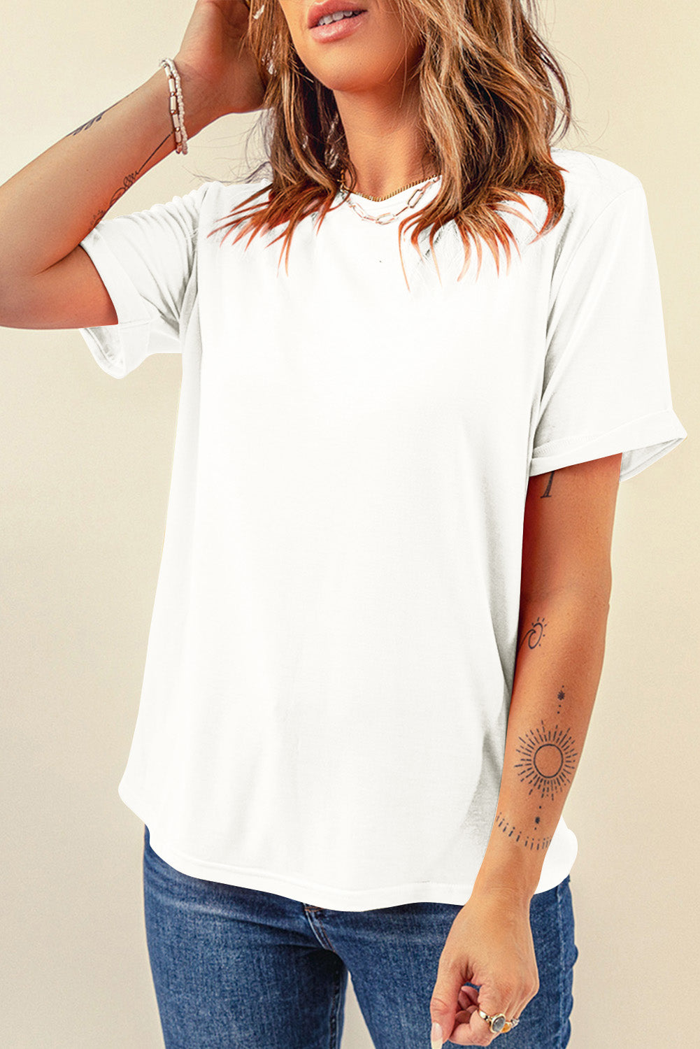 Blue Casual Plain Crew Neck Tee