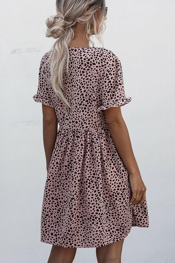 Dots Print V Neck Button Casual Dress