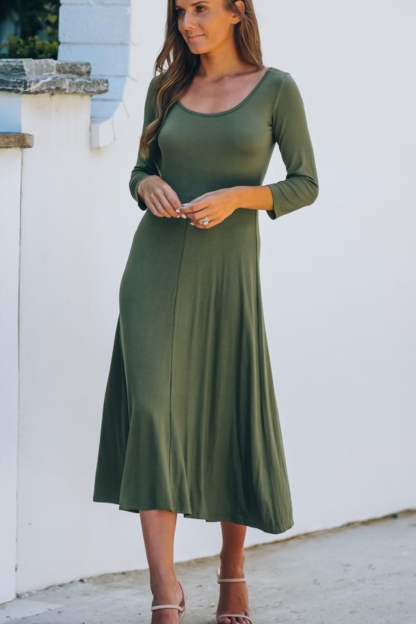 Round Neck Three Quarters Sleeve Casual Dress