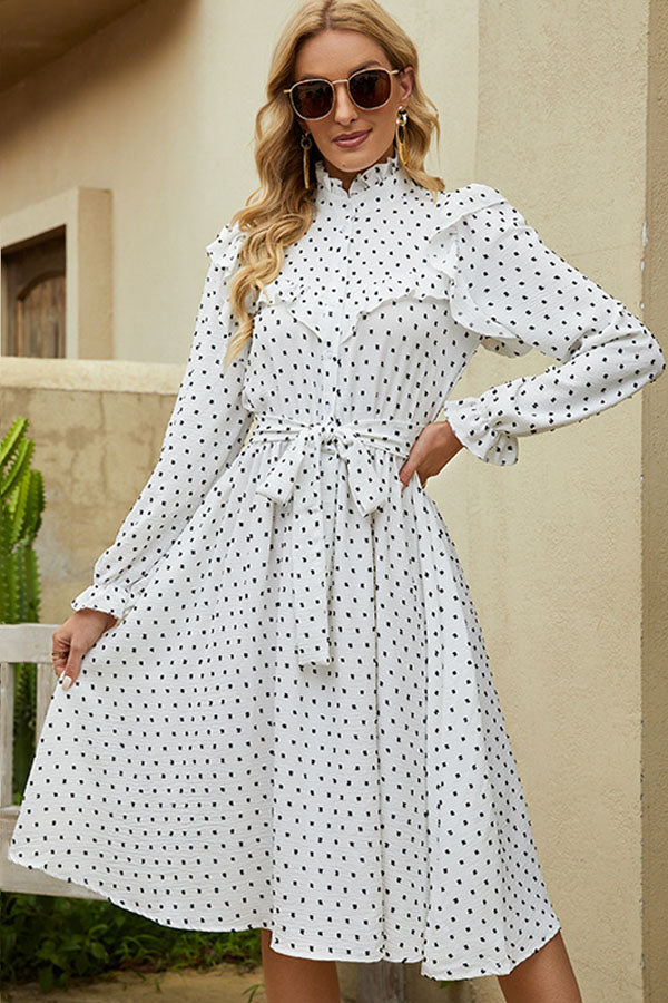 Dots Print Long Sleeve Cute Midi Dress