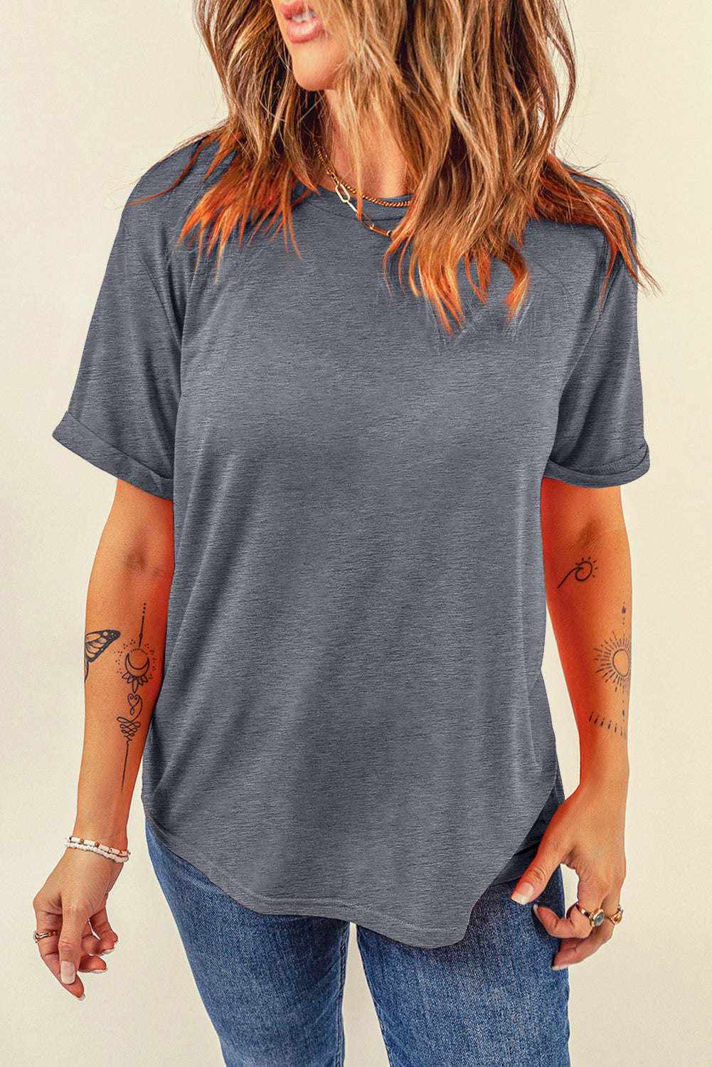 Blue Casual Plain Crew Neck Tee