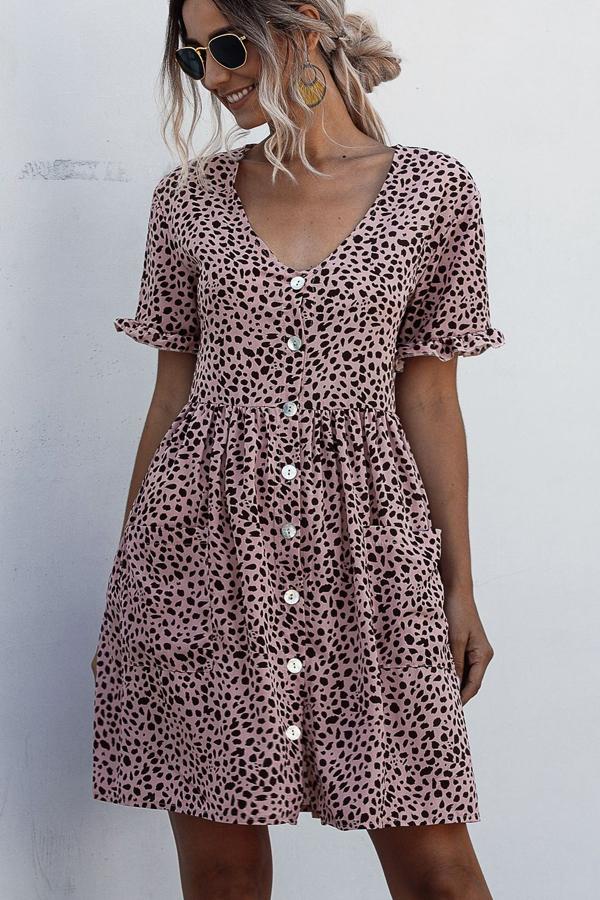 Dots Print V Neck Button Casual Dress