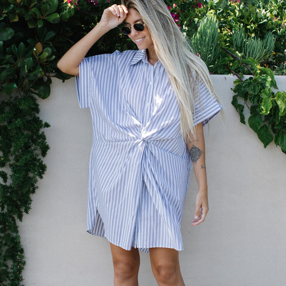 Stripe Print Twist Front Casual Dress