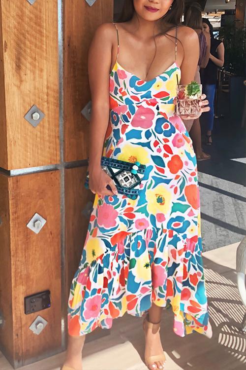 Floral Printed Summer Backless Mid Calf Dress With Pocket