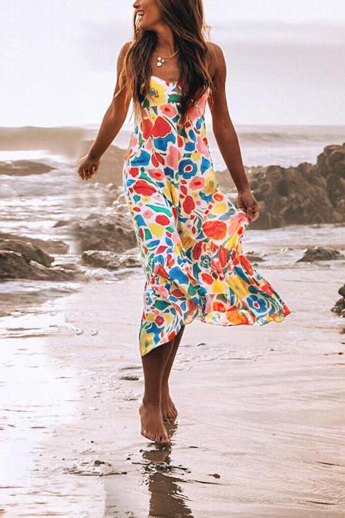 Floral Printed Summer Backless Mid Calf Dress With Pocket