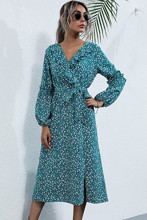 V Neck Ruffle Long Sleeve Floral Print Midi Dress