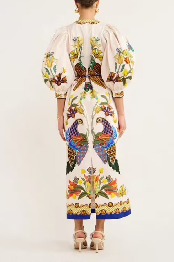 Garden Party Unique Heaven Bird Print Puff Sleeve Pocketed Loose Midi Dress