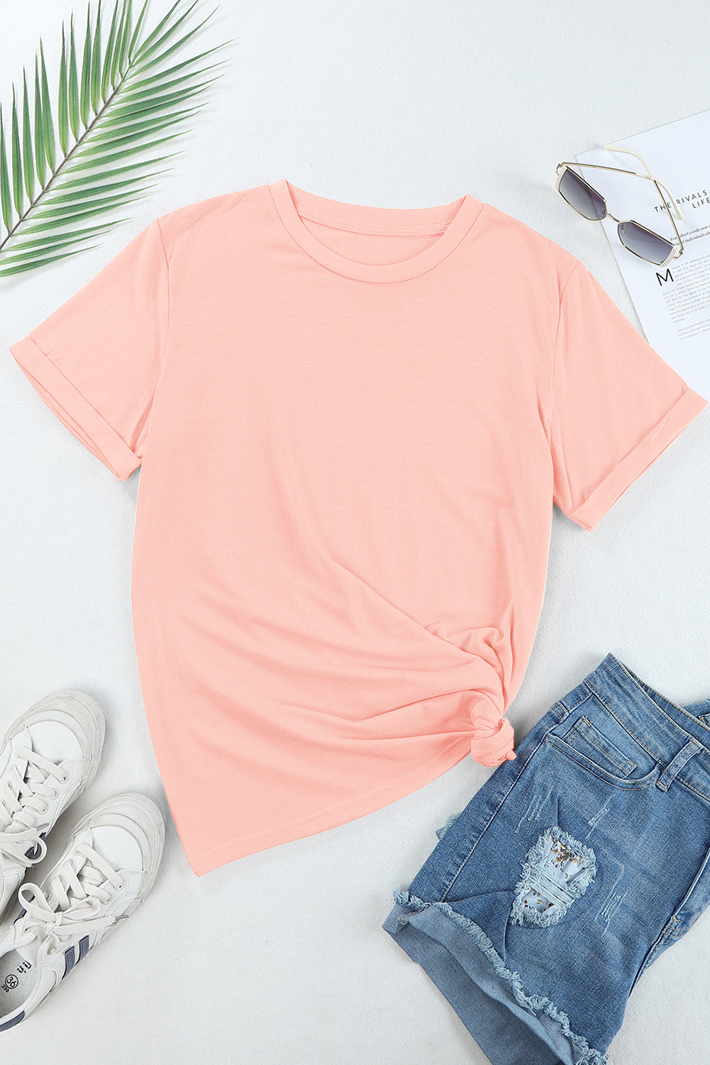 Blue Casual Plain Crew Neck Tee