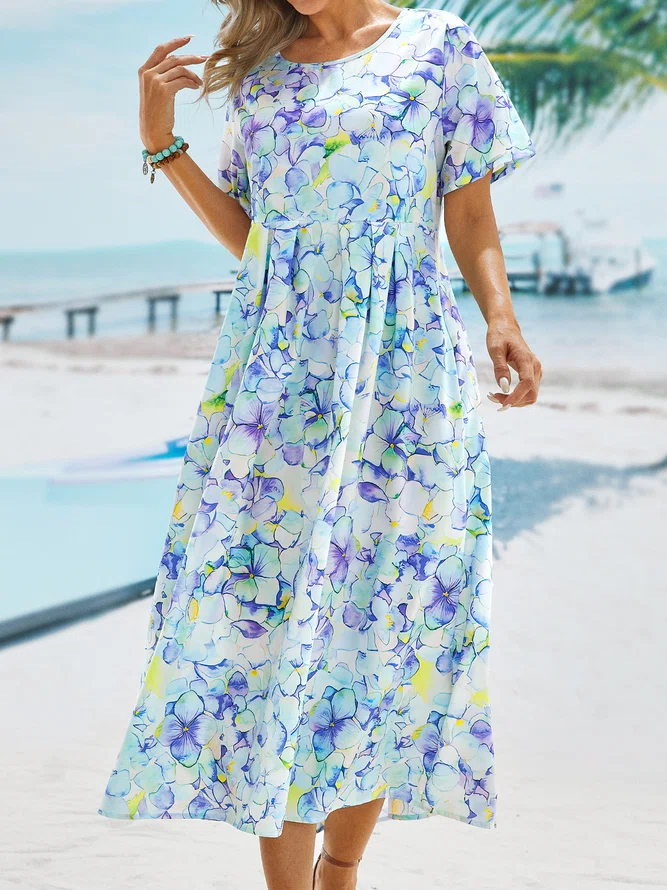 Floral Short Sleeve Woven Casual Loosen Crew Neck Midi Dress