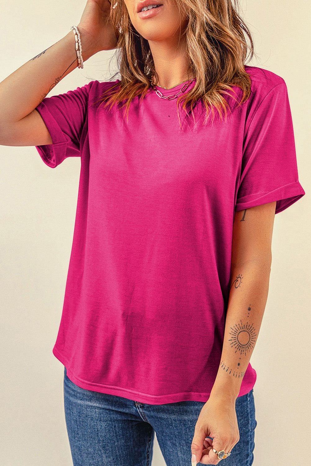 Blue Casual Plain Crew Neck Tee