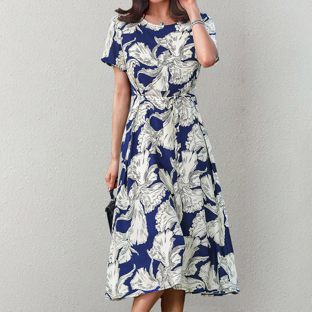 Elegant Blue Round Neck Midi Dress