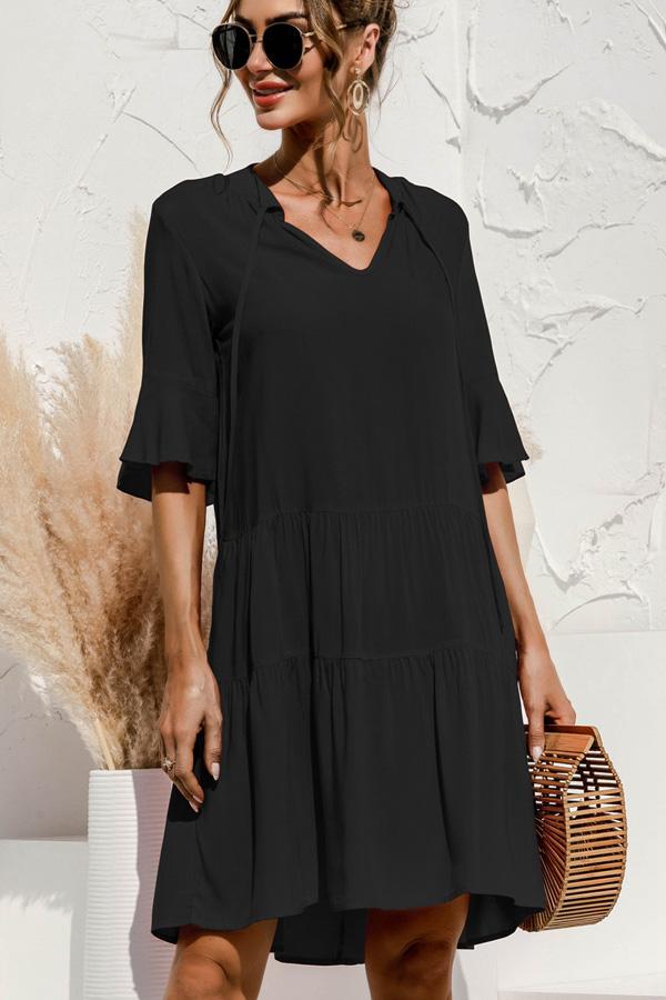 Solid Color High Waisted Flare Sleeve Casual Dress