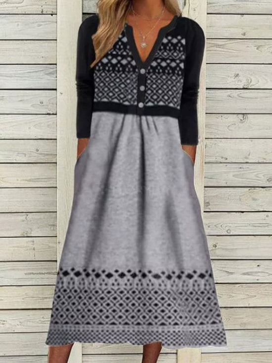 Geometric Stitching Casual Loose Long-sleeved Maxi Dress