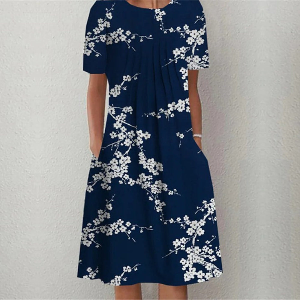 Unique Dark Blue Floral Print Midi Dress