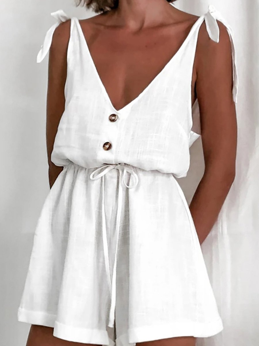 V-neck Solid Straps Lace-up Loose Romper