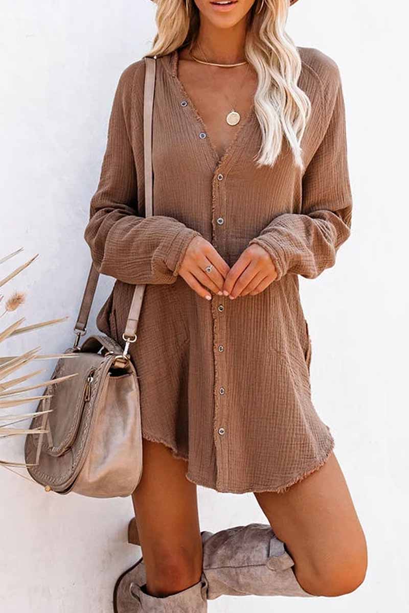 Seersucker Fringed Long Sleeves Mini Dresses