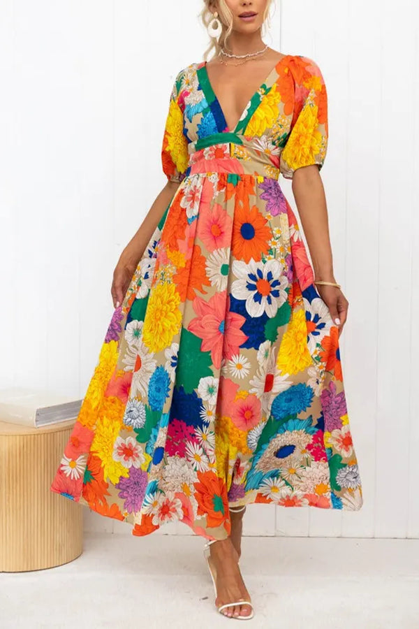 Floral Frenzy Printed Puff Sleeve Back Smocked Maxi Dress