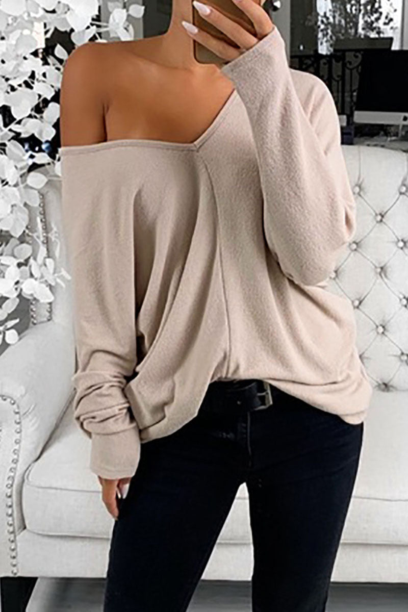 Fashion Street Solid Patchwork V Neck Tops(6 colors)