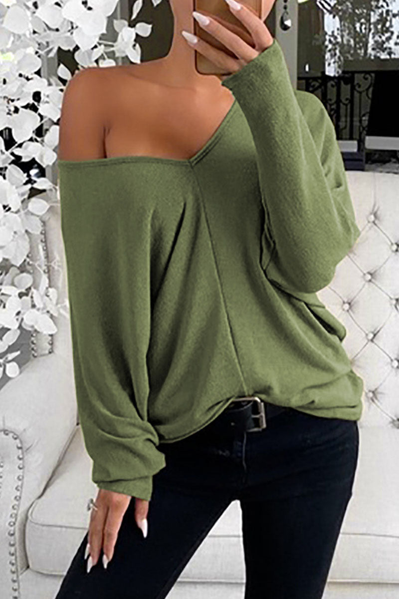 Fashion Street Solid Patchwork V Neck Tops(6 colors)