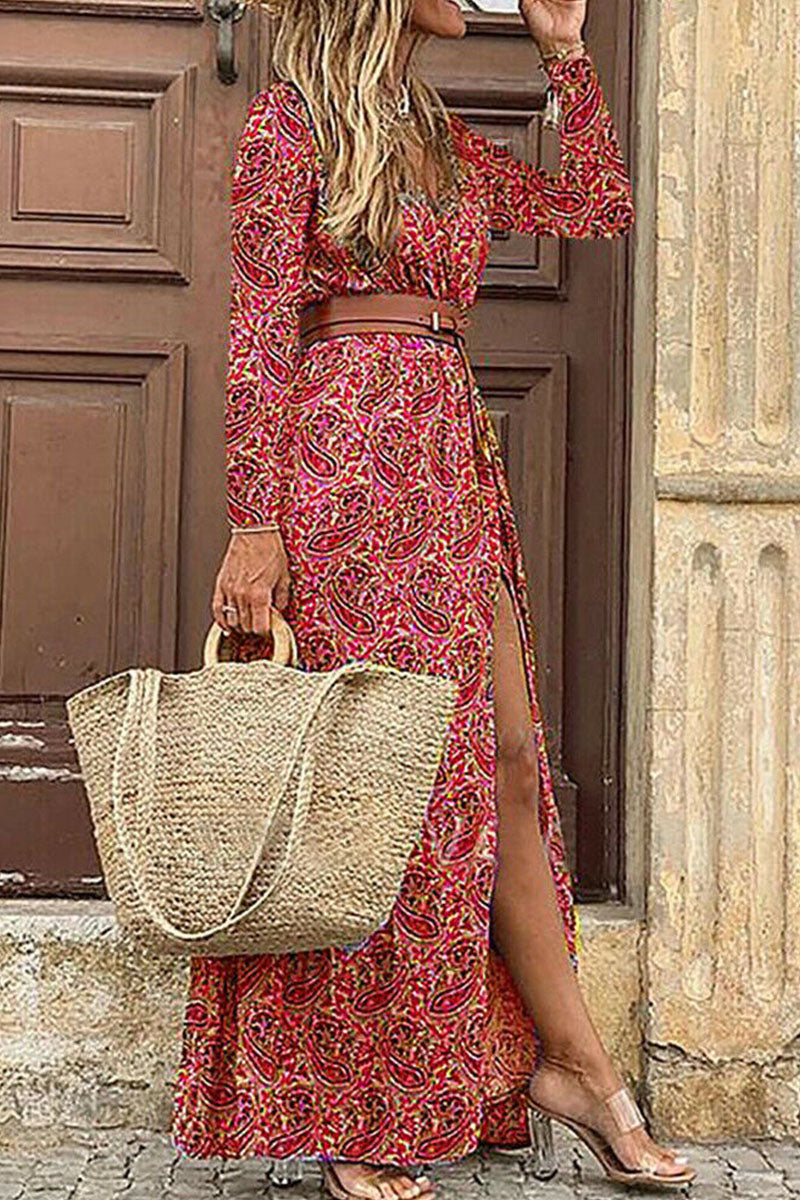 Fashion Bohemian Print With Belt V Neck Cake Skirt Dresses(3 Colors)