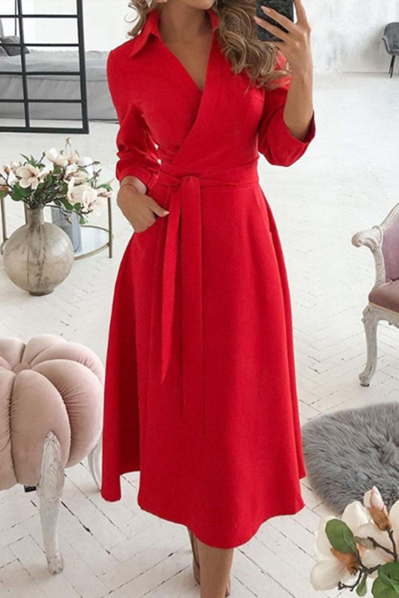 Fashion Casual Solid Frenulum V Neck A Line Dresses(5 Colors)