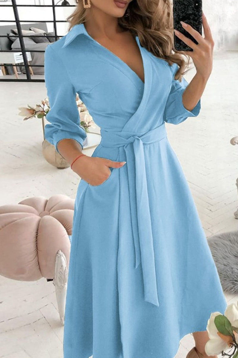 Fashion Casual Solid Frenulum V Neck A Line Dresses(5 Colors)