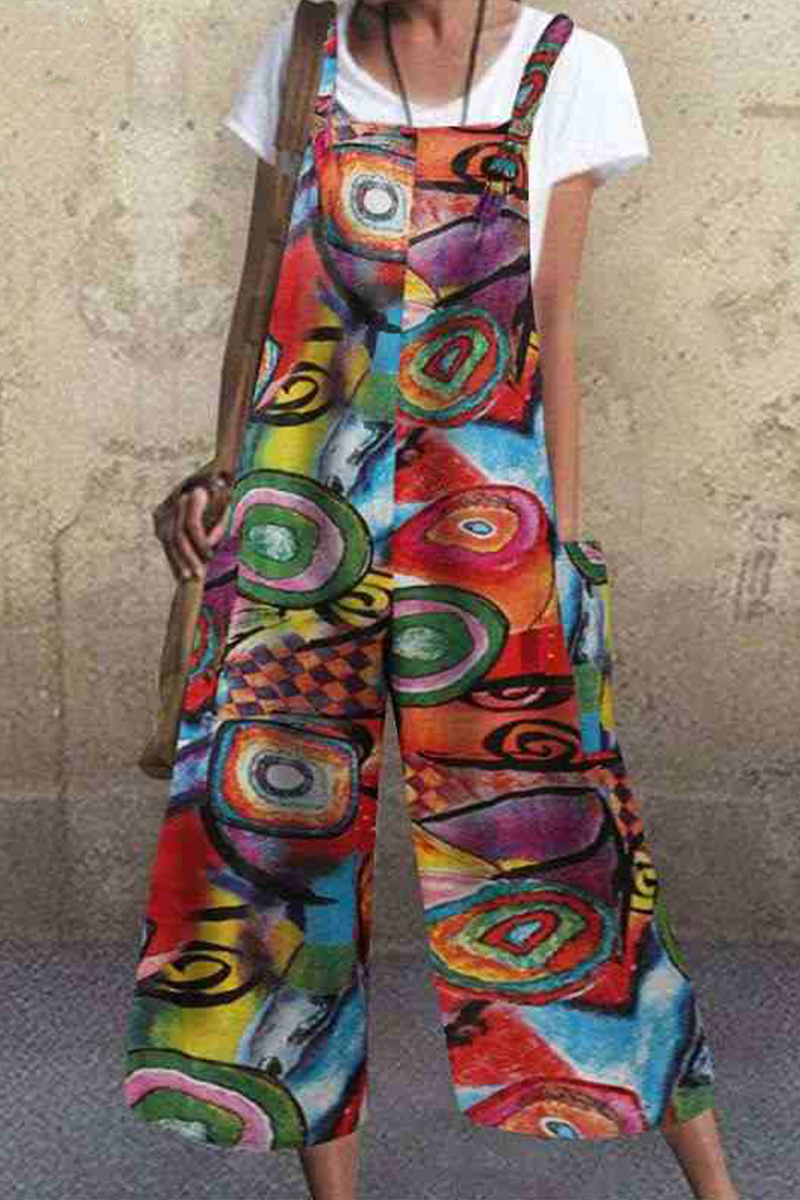 Street Graffiti Buttons Square Collar Straight Jumpsuits