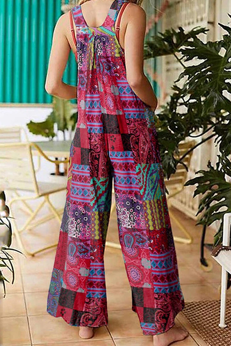 Casual Print Split Joint Pocket Boat Neck Jumpsuits