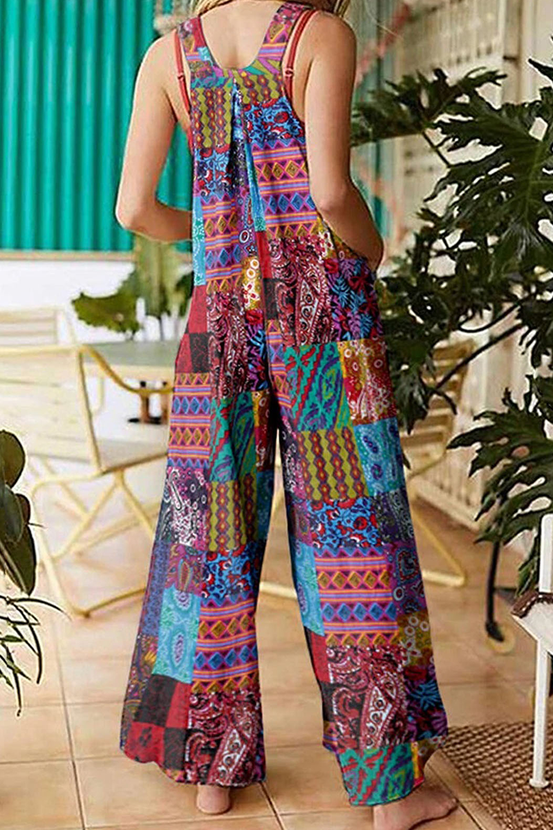 Casual Print Split Joint Pocket Boat Neck Jumpsuits