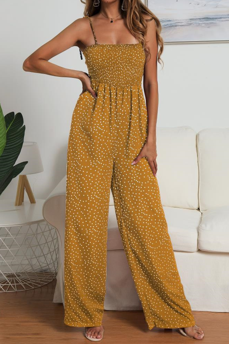 Casual Dot Patchwork Strap Design Strapless Straight Jumpsuits