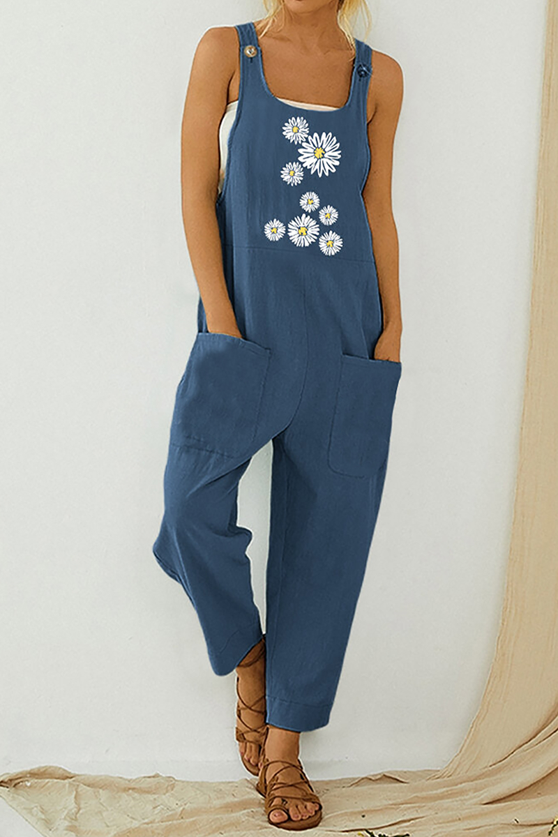 Casual Print Pocket Buttons U Neck Straight Jumpsuits(3 Colors)