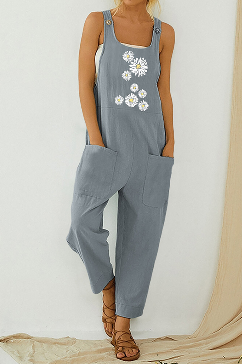 Casual Print Pocket Buttons U Neck Straight Jumpsuits(3 Colors)