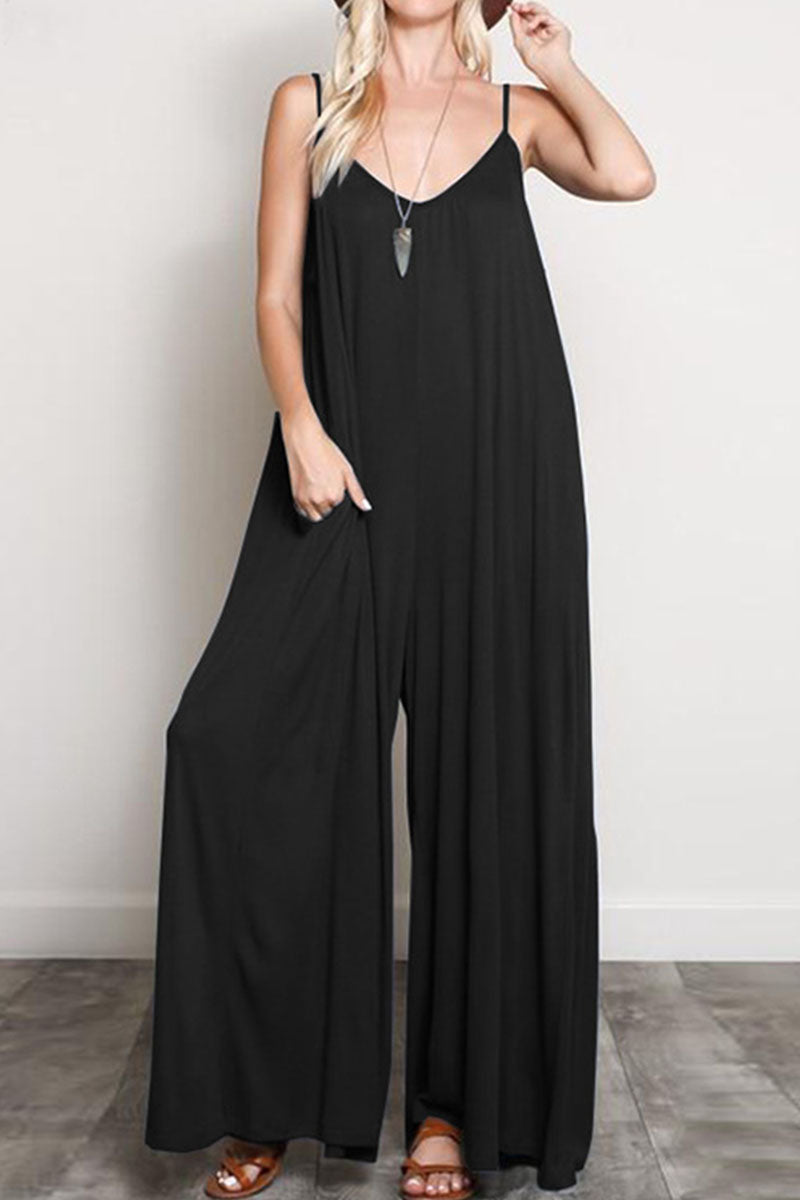 Fashion Street Solid Patchwork V Neck Loose Jumpsuits