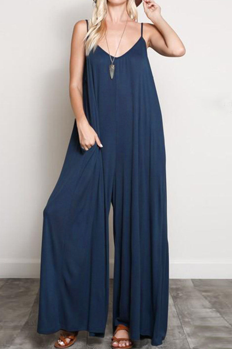 Fashion Street Solid Patchwork V Neck Loose Jumpsuits