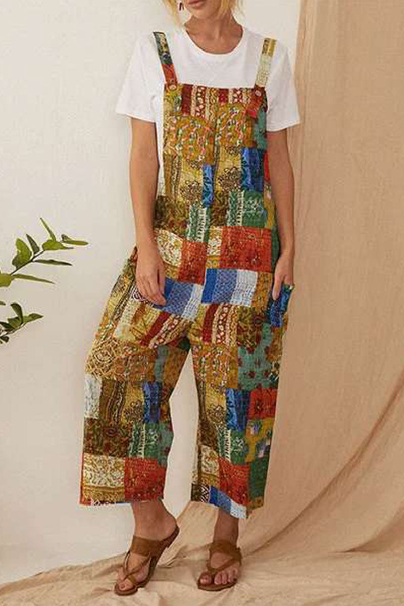 Fashion Street Print Patchwork Spaghetti Strap Loose Jumpsuits