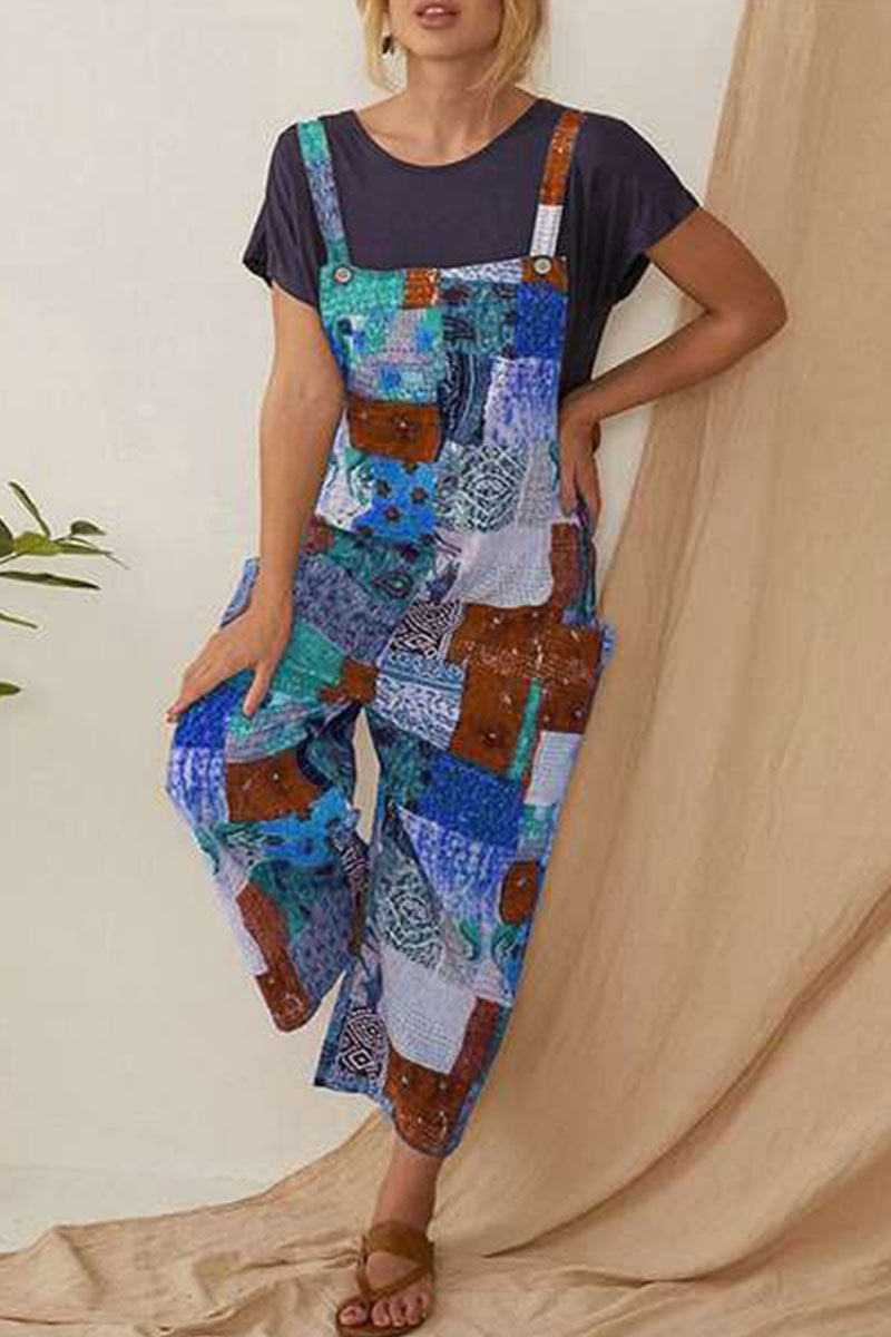 Fashion Street Print Patchwork Spaghetti Strap Loose Jumpsuits