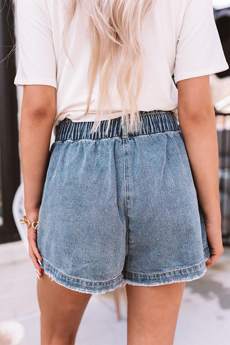 Street Solid Pocket High Waist Denim Shorts