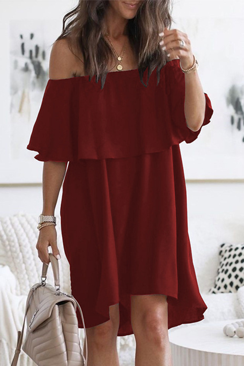 Fashion Elegant Solid Flounce Off the Shoulder A Line Dresses