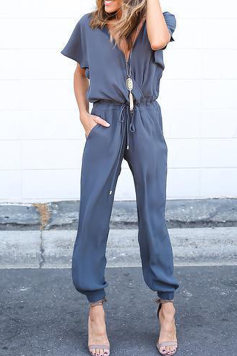 Casual Street Solid Frenulum V Neck Jumpsuits(3 colors)