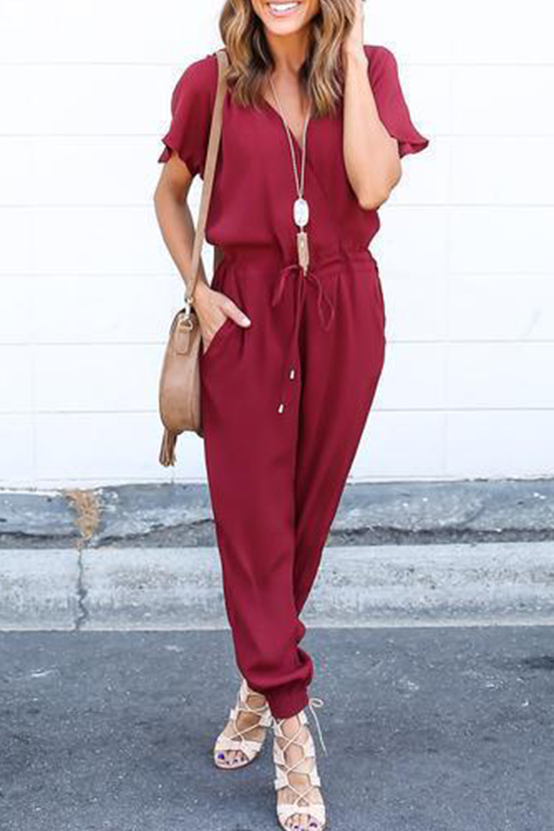 Casual Street Solid Frenulum V Neck Jumpsuits(3 colors)