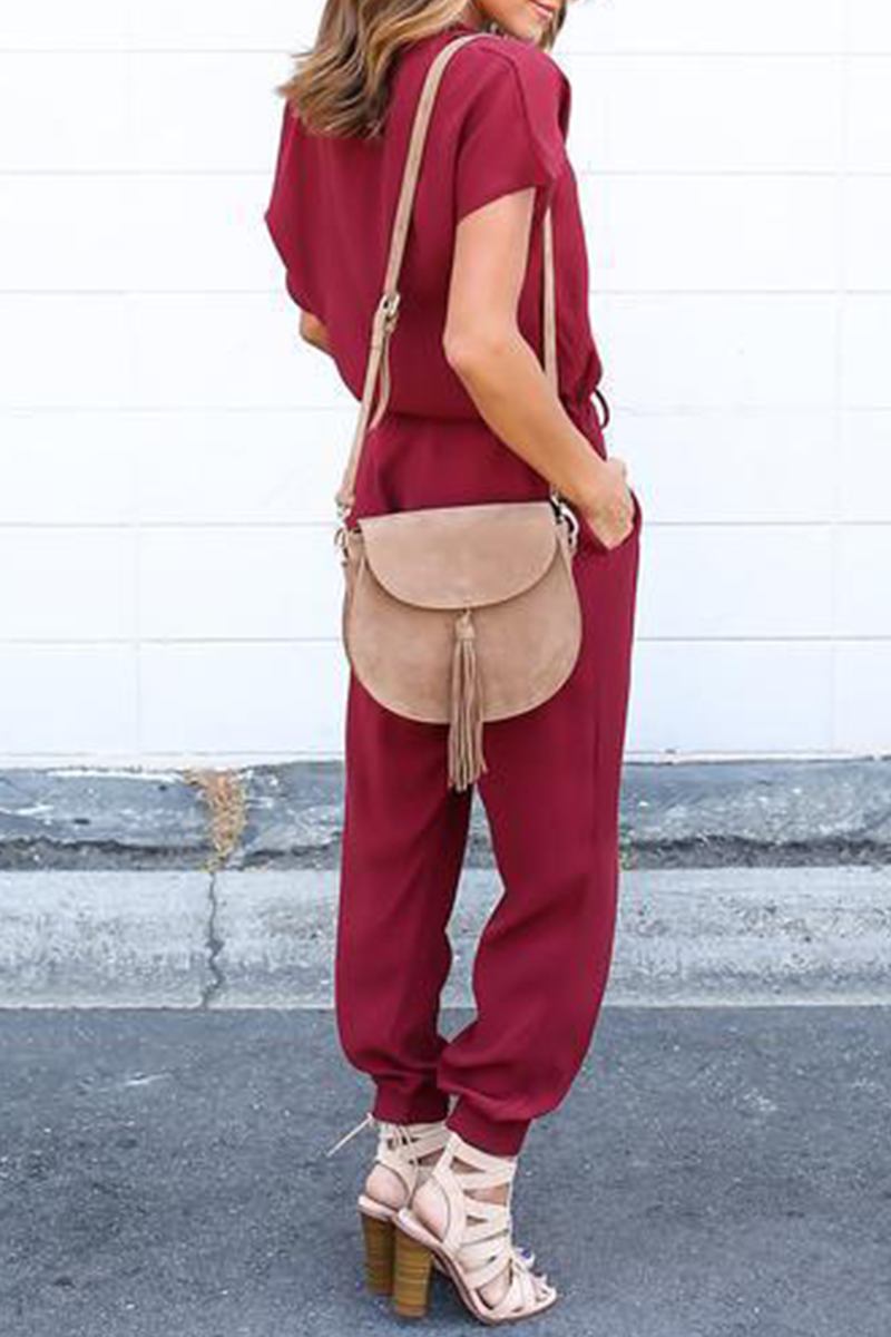 Casual Street Solid Frenulum V Neck Jumpsuits(3 colors)