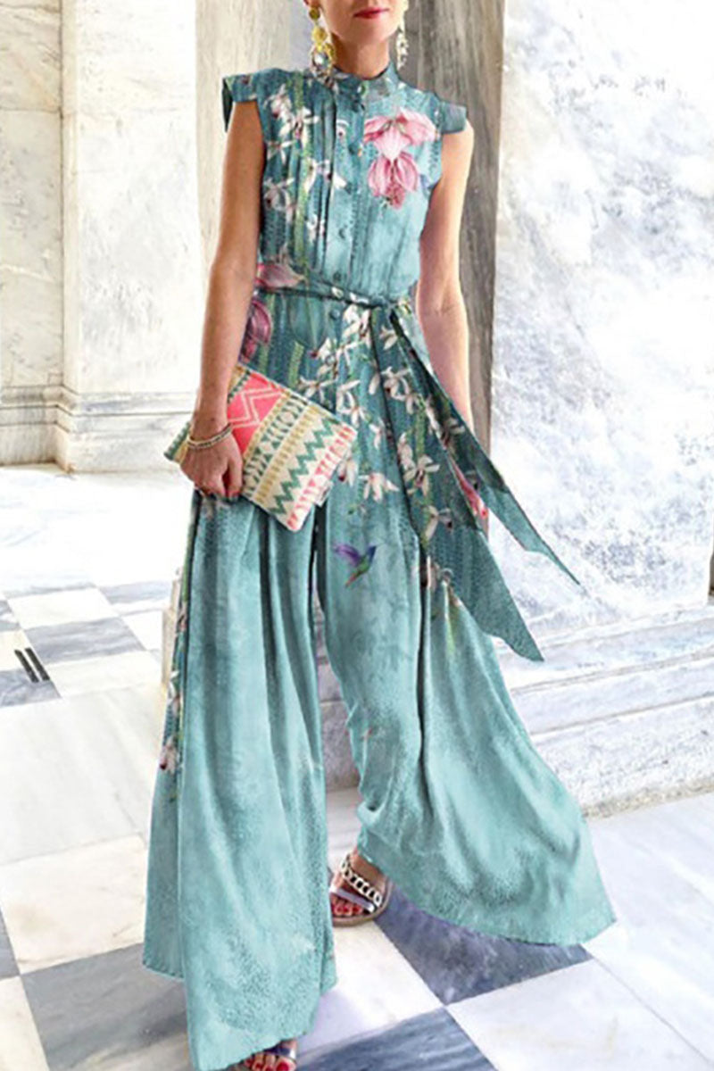 Fashion Street Print Patchwork O Neck Loose Jumpsuits