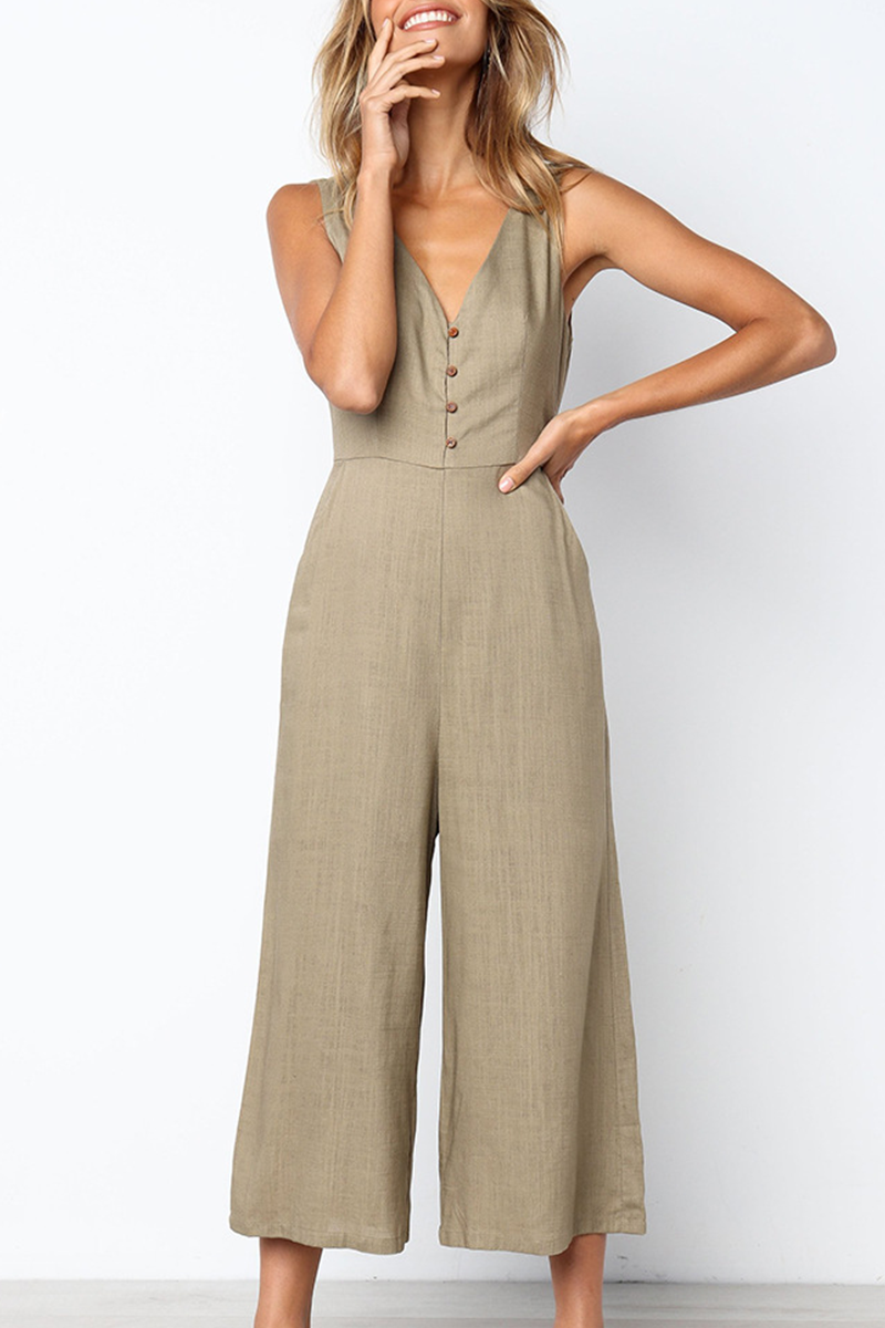 Fashion Street Solid Buckle Capris V Neck Jumpsuits