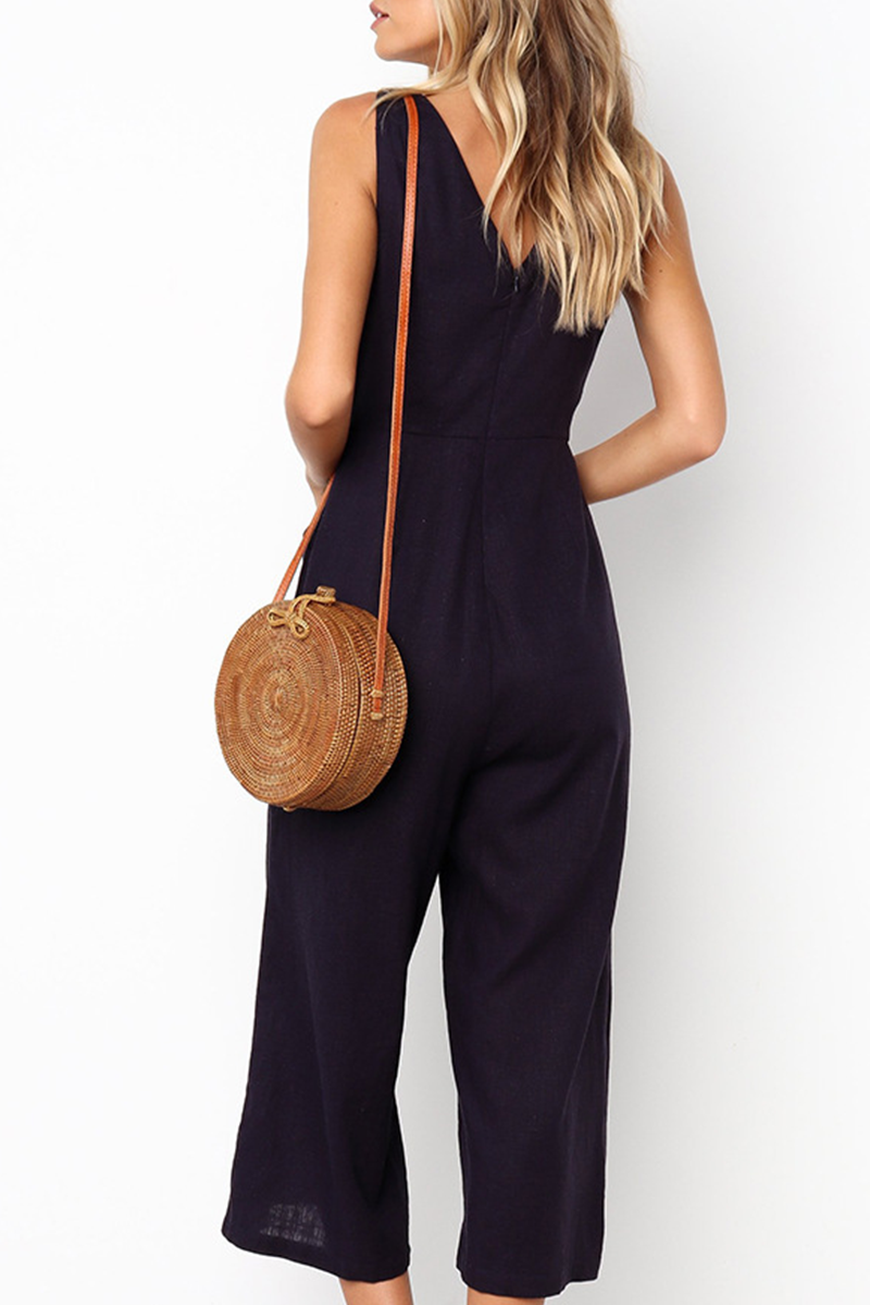 Fashion Street Solid Buckle Capris V Neck Jumpsuits