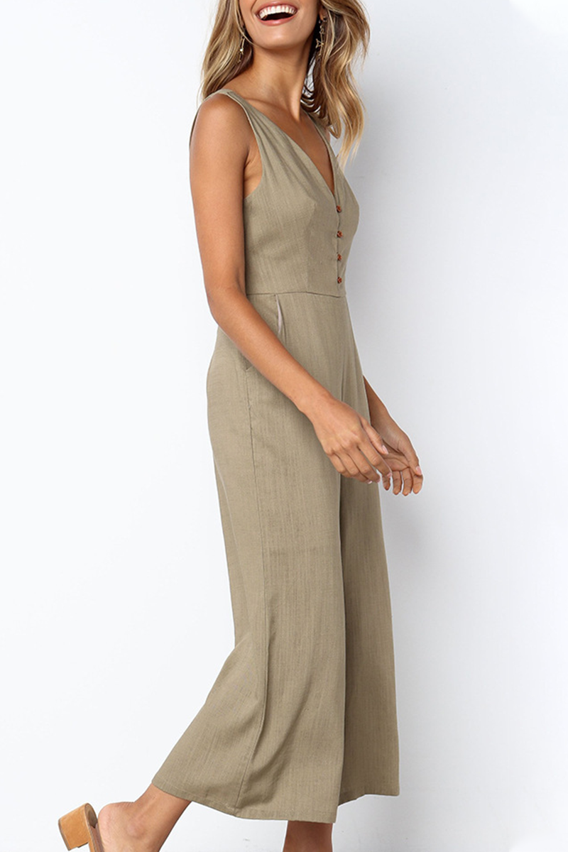 Fashion Street Solid Buckle Capris V Neck Jumpsuits