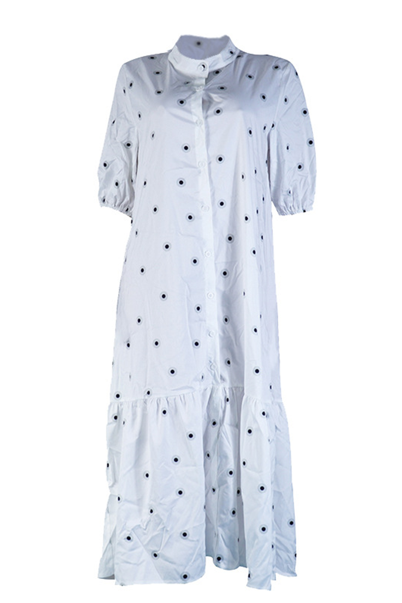 Casual Polka Dot Make Old Patchwork Buckle Flounce Mandarin Collar A Line Dresses