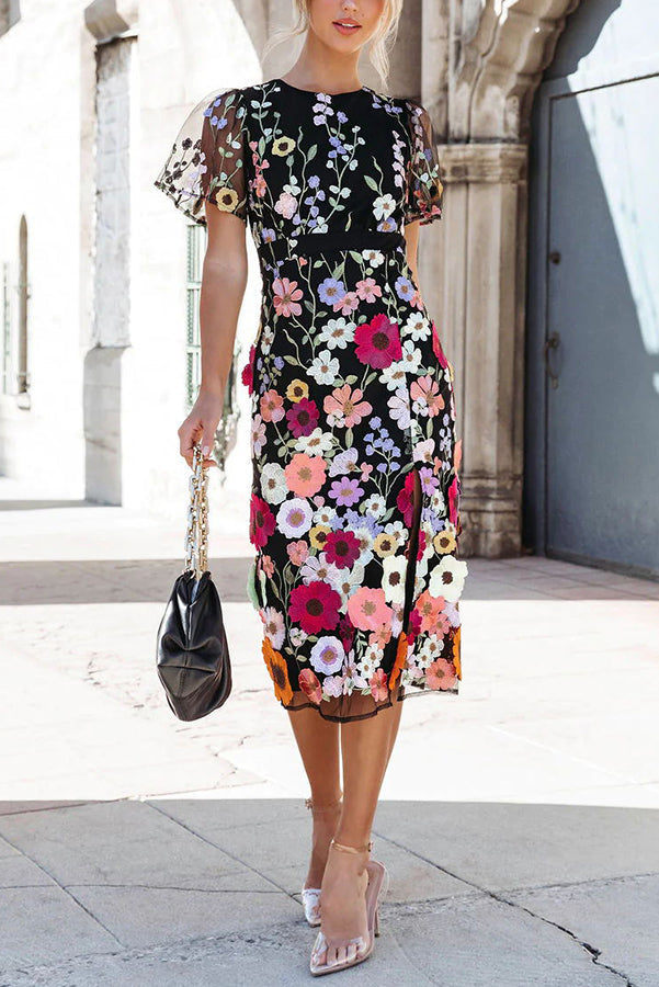 My Fair Lady Floral Applique Slit Midi Dress