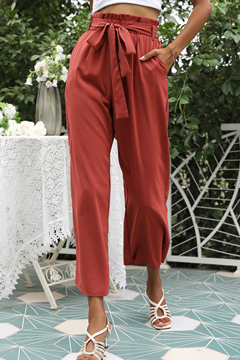 Casual Solid With Belt Straight Wide Leg Solid Color Bottoms